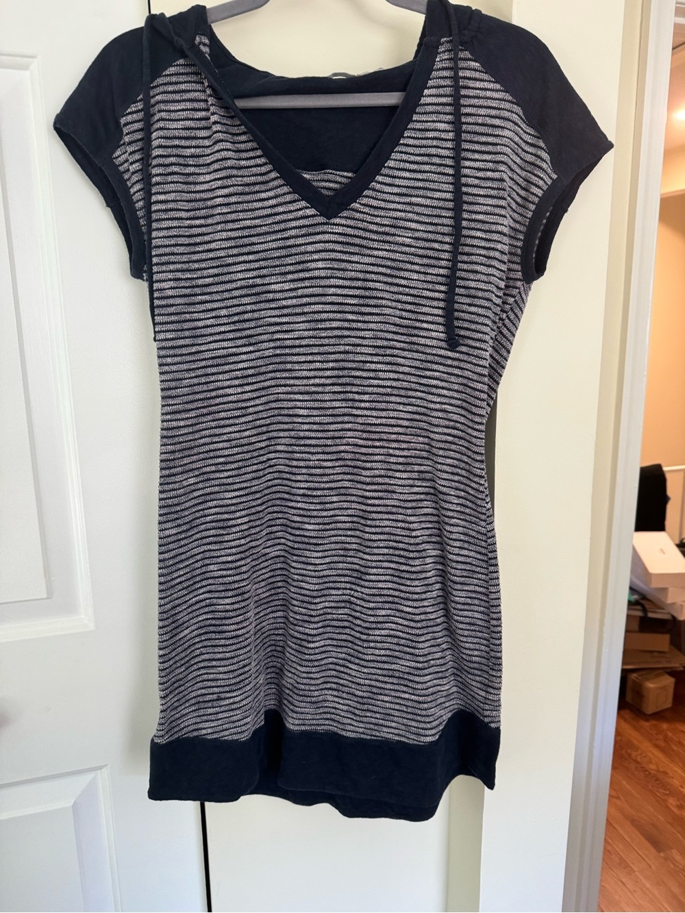 Athleta Navy and Light Gray Striped Hooded Swimsuit Coverup